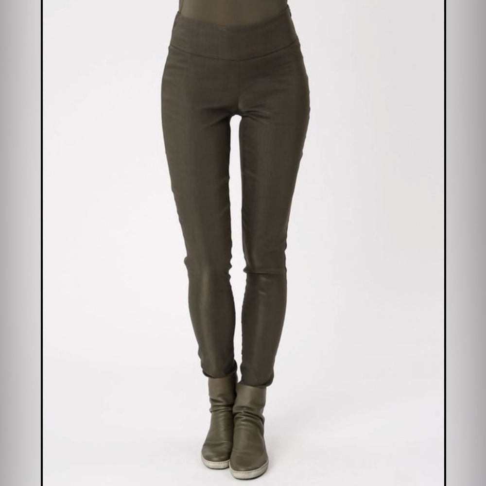 SARAH PACINI Linen Pants Size 0 Stretch Side Zip Slim Olive Green Italy $500